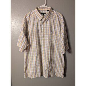 Cotton Reel Shirt Men's 2XL Short Sleeve Button Up Plaid Yellow Blue Seersucker